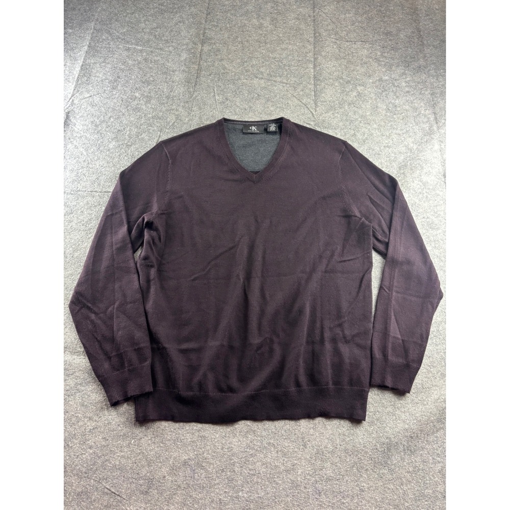 Calvin Klein Mens L Extra Fine Merino Wool V-Neck Sweater Plum Purple Prep SEE